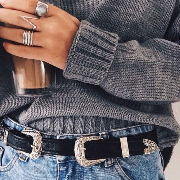 Accessories - WESTERN DOUBLE SILVER BUCKLE BLACK LEATHER BELT